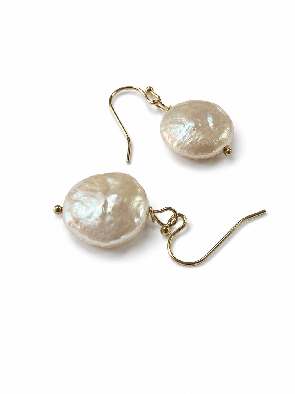 Freshwater Coin Pearl Earrings Gold Plated Nickel Free Hooks - Picture 3 of 6